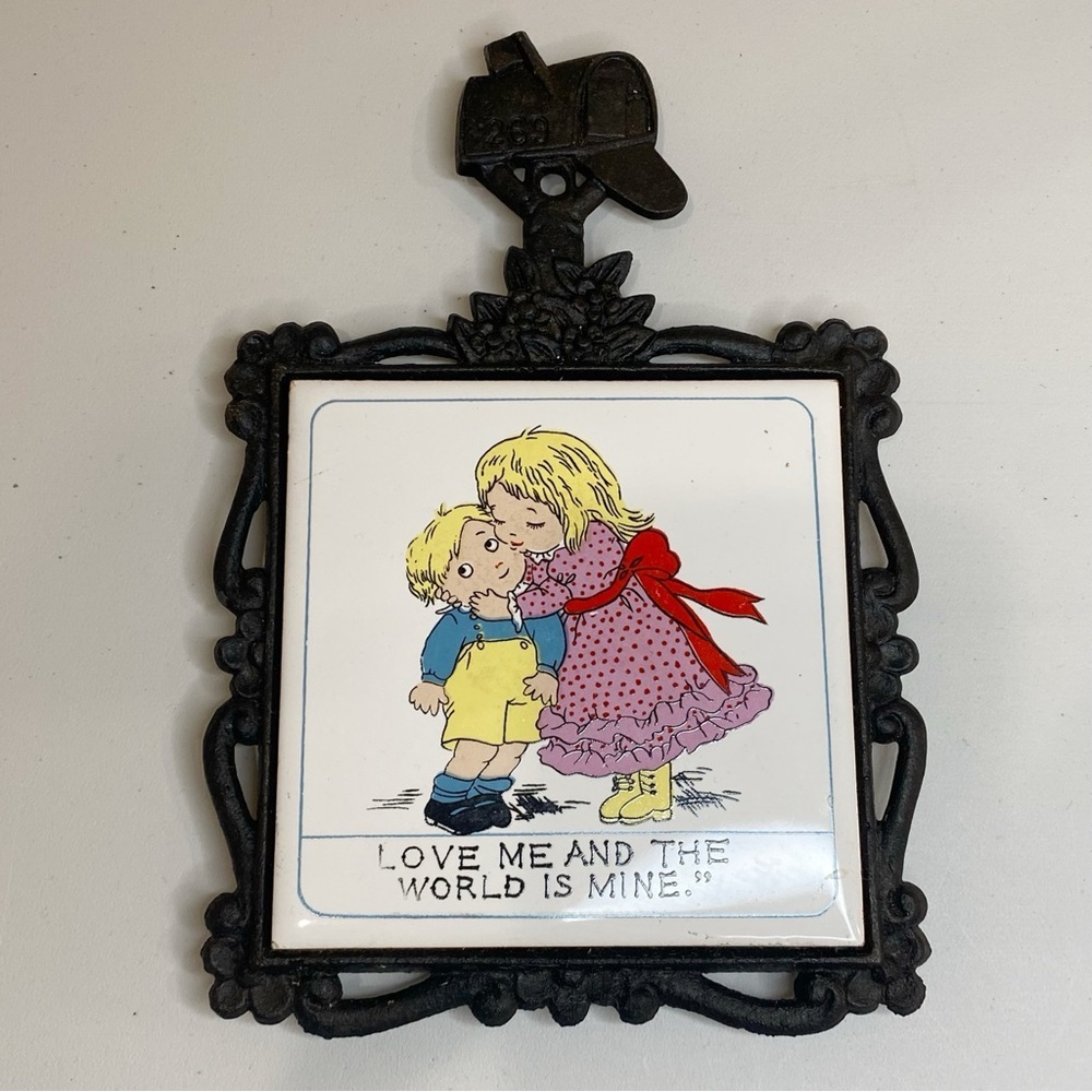 Vintage Love Me And The World Is Mine Metal Kitchen Trivet Hot Plate Taiwan